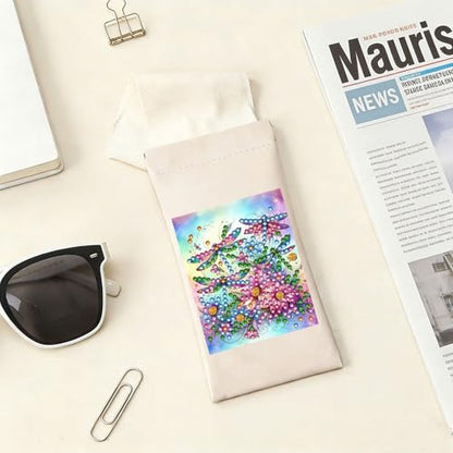Diamond Art Painting Eye Glass Bag PU Sunglasses Glasses Storage Bag Built-in Glasses Cloth Press Automatic Closure - color: Dragonfly