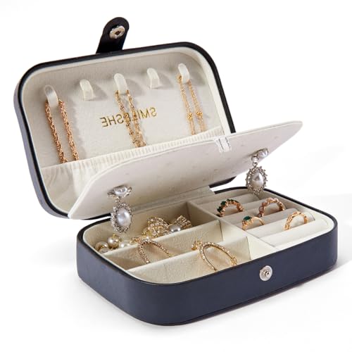 Smileshe Jewelry Box, PU Leather Small Portable Travel Case, 2 Layers Organizer Display Storage Holder Boxes for Rings, Earrings, Necklaces, Bracelets - color: Leather-Black