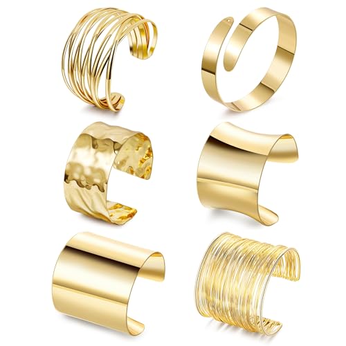 REVOLIA 6Pcs Chunky Cuff Bracelets Set for Women Minimalist Irregular Statement Wrist Cuff Adjustable Hammered Bangles Bracelets Open Wide Wire Arm Cuff Bracelet - color: Gold-B