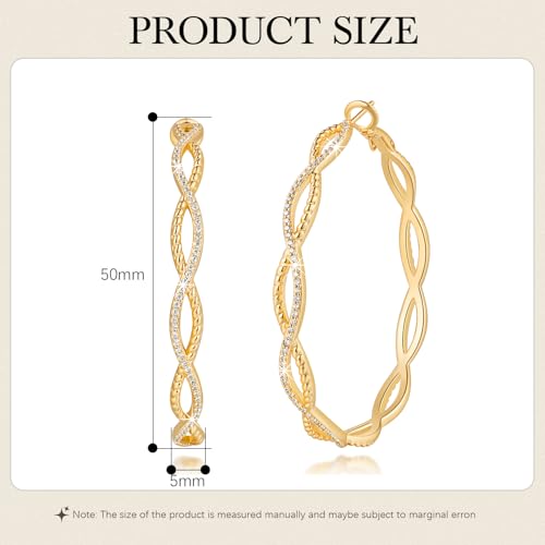 Gold Hoop Earrings for Women 14K Gold Earrings for Women | Twist CZ Gold Hoop Earrings 14K Gold Hoop Earrings Hypoallergenic Lightweight Gold Hoop Earrings for Women 20/25/30/40/50mm - size: 50MM