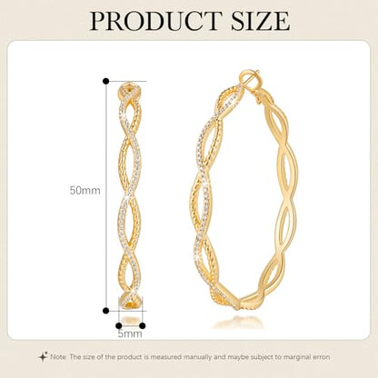 Gold Hoop Earrings for Women 14K Gold Earrings for Women | Twist CZ Gold Hoop Earrings 14K Gold Hoop Earrings Hypoallergenic Lightweight Gold Hoop Earrings for Women 20/25/30/40/50mm - size: 50MM