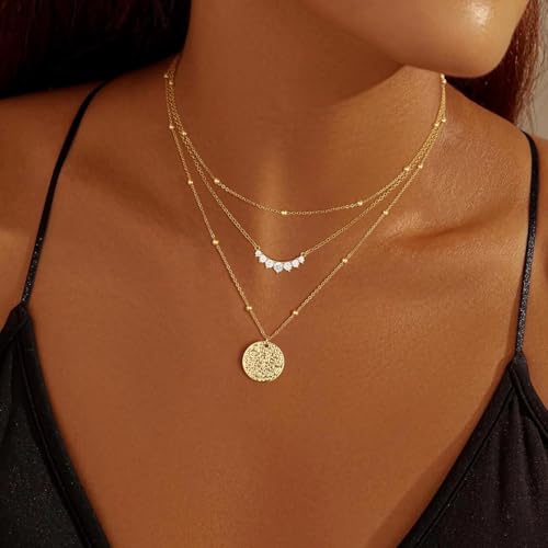 Gold Necklace for Women 14K Gold Plated Layered Necklaces Dainty Pendant Necklace Cute Stack Necklaces Set Fashion Jewelry Gift for Her - style: circle4-gd