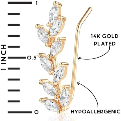 14K Gold or 925 Silver Plated Ear Crawler Earrings - Crystal Leaf Climbers | Hypoallergenic and Safe for Sensitive Ears - color: 14K Gold Plated