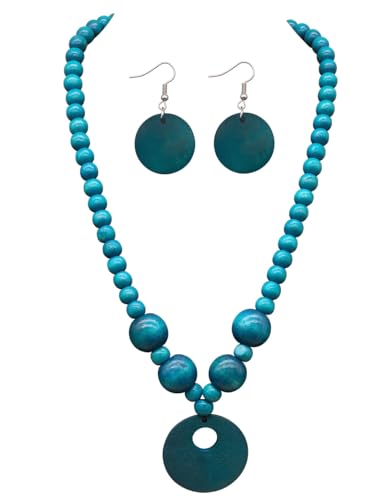 LOTSOF Boho Wooden Beaded Necklace and Earring Set for Women, Bohemian Chunky Statement Costume Jewelry, Round Drop Pendant Retro Ethnic Accessories Ladies Gift - color: Peacock Blue