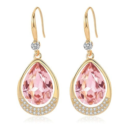 Austrian Crystal Halo Teardrop Hollow Drop Dangle Earrings for Women 14K Rose Gold Plated Hypoallergenic Jewelry Gifts - color: Pink