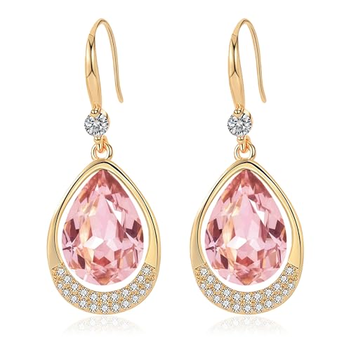 Austrian Crystal Halo Teardrop Hollow Drop Dangle Earrings for Women 14K Rose Gold Plated Hypoallergenic Jewelry Gifts - color: Pink