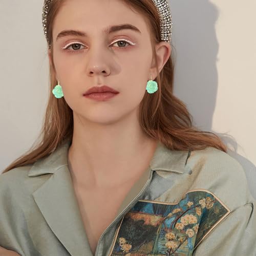 Handmade Bohemian Aesthetic Dainty Acrylic Flower Petal Leverback Earrings Sparkly 14K Gold Floral Dangle Drop Earrings for Women - color: Green