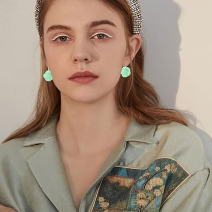 Handmade Bohemian Aesthetic Dainty Acrylic Flower Petal Leverback Earrings Sparkly 14K Gold Floral Dangle Drop Earrings for Women - color: Green