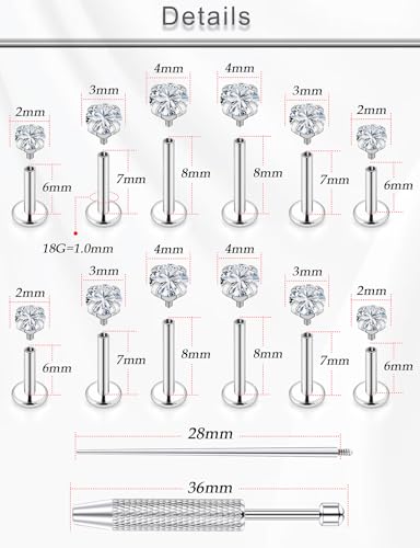 18G 16G 14G Lip Labret Medusa Nose Rings Studs Flat Back Earrings Internally Threaded 316L Surgical Steel Cartilage Tragus Helix Conch Earrings Piercing Jewelry for Women Men 6mm 8mm 10mm - color: 18G - Silver-6/7/8mm Bars-Grabber Tool