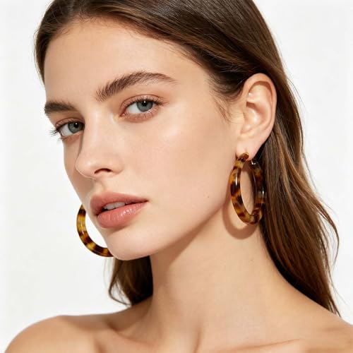 Resin Hoop Earrings for Women Lightweight Big Tortoise Shell Earrings Chunky Acrylic Earrings Hypoallergenic Mottled Statement Fashion Jewelry Gifts - color: A