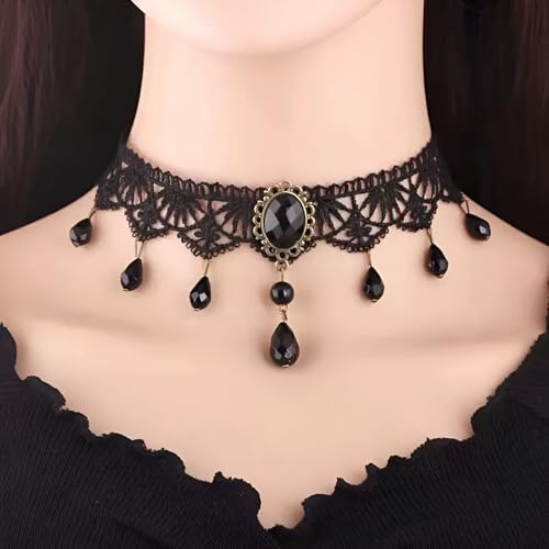 Millennials In Motion Lace Choker Necklace with Beaded Crystal Drops