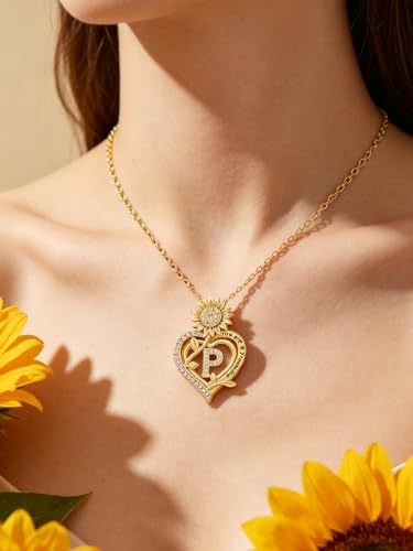 14K Gold Sunflower Initial Necklaces for Women | Heart Letter Pendant You Are My Sunshine Jewelry Gifts - style: P