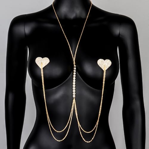 Sexy Rhinestone Heart Nipple Pasties Body Chain for Women Sparkle CZ Crystal Nipple Cover Stickers Bikini Bra Chest Chain Adjustable Choker Necklace Nightclub Body Accessories Jewelry