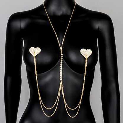 Sexy Rhinestone Heart Nipple Pasties Body Chain for Women Sparkle CZ Crystal Nipple Cover Stickers Bikini Bra Chest Chain Adjustable Choker Necklace Nightclub Body Accessories Jewelry