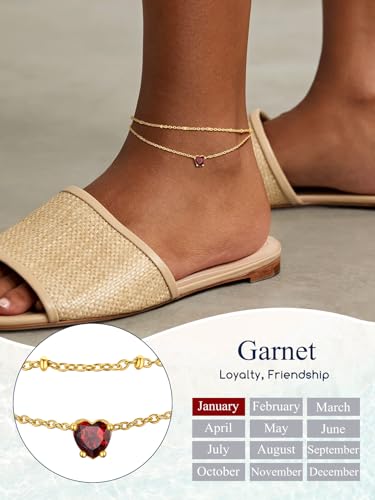 Suplight Gold Plated Butterfly Anklets for Women Waterproof, Layered Boho Ankle Bracelet with Birthstone, Stainless Steel Adjustable Non-Tarnish Heart Foot Jewelry Beach Vacation - color: 01. Heart-Jan. Garnet