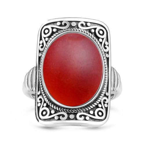 Big Oval Stone Ring,Rectangle Square Vintage Retro Sterling Silver Natural Crystal Quartz Gemstone Boho Bohemian Statement Ring Jewelry for Women Her - color: A08_Red Seaglass