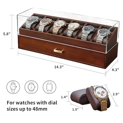 KAMIER High End Wooden Watch Box with 6 Slots & Glass Lid - 2-Layer Jewelry Organizer for Men - Watch Display Case, Ideal Business Gift for Watch Enthusiasts （with Gift Box）, Walnut