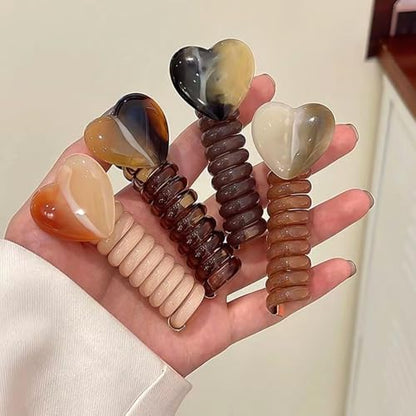 4Pcs Telephone Wire Hair Bands Spiral Hair Ties,Heart Decor Straight Phone Cord Hair Ties No Damage Coil Hair Ties Telephone Cord Hair Ties for Thick Hair Ponytail Holders Accessories for Women Girls