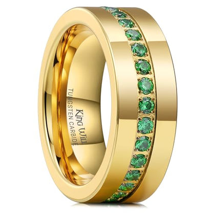 King Will Mens Tungsten Wedding Band with Cubic Zircon Inlay 7mm/8mm Flat Cut Comfort Fit Engagement Rings - color: Gold&Green-8mm