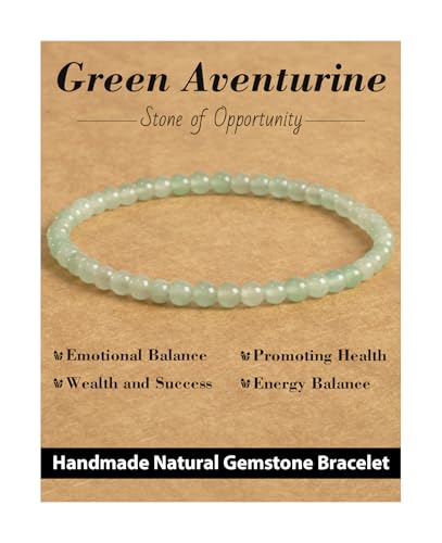 Natural Stone Beaded Bracelets for Men Women, 4mm 6mm 8mm | Healing Crystal, Protection Gemstone, Gift Packaging with Energy Card, Stretch Jewelry, Replacement Beads Included, 18 Stone - color: Green Aventurine(Wealth & Success), size: 4mm
