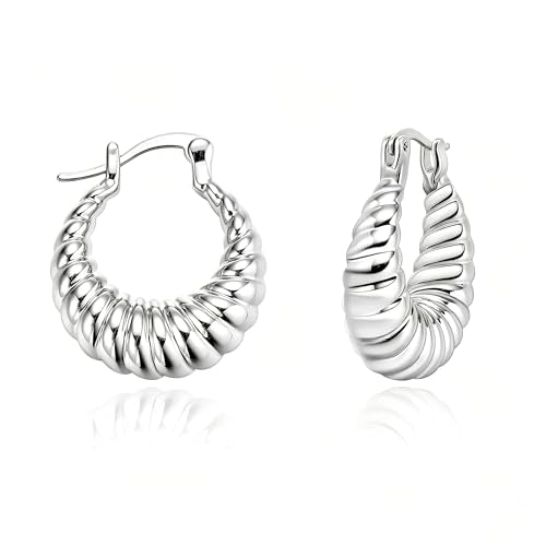 Gold Hoop Earrings for Women, 18K Gold Plated Chunky Huggie Hoop Earrings for Women Jewelry Gifts - color: Croissant Silver