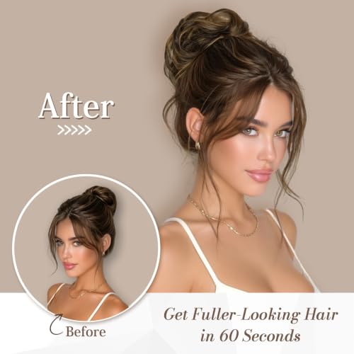 RUWISS 100% Human Hair Bun Small Messy Bun Hair Piece for Women Layered Wavy Hair Buns Updo Hairpiece for Daily Wear Scrunchies Ponytail Extension (Brown with Warm Blonde Highlights) - color: Brown with Warm Blonde Highlights