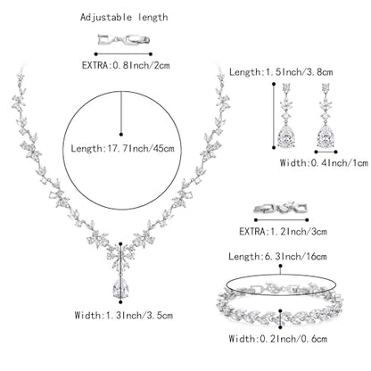 Gorgeous Wedding Jewelry Set for Women Bridal Cubic Zirconia Marquise Teardrop Leaf Cluster Y-Necklace Dangle Earrings Link Bracelet - color: 01-Clear Silver-Tone