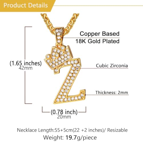 U7 Crown Initial Necklace Men Women, Bling Diamond A-Z 0-9 Letter Pendant with Wheat Chain, Silver/Black/Gold Plated CZ Alphabet Number Hip Hop Jersery for Father Husband - color: a. Gold, size: 26. Z