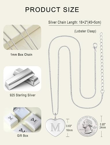 YL Initial Necklace 925 Sterling Silver Square/Round/Heart Letter Pendant A-Z Alphabet Polished Jewelry for Women - color: Letter-M, style: Heart Shaped