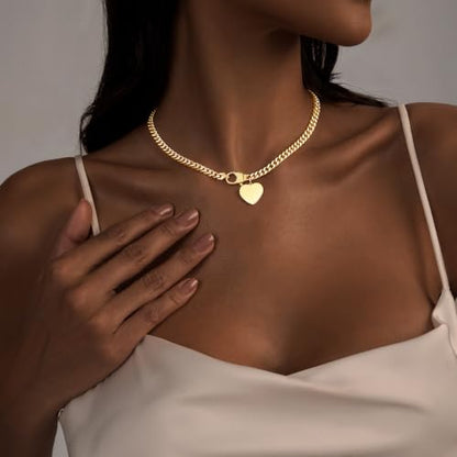 IMBOS 14K Gold Plated Chunky Chain Choker Necklaces for Women Chunky Gold Necklace Tennis Necklace for Women CZ Love Chain Cuban Link Choker Jewelry Gifts - color: Gold-Chunky Cuban Heart