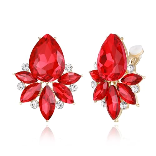 Flyonce Vintage Rhinestone Clip On Stud Earrings, Non-Piercing | Fancy Crystal Cluster, Teardrop Art Deco, Non Pierced, For Wedding Bridal Brides, Formal, Hypoallergenic - color: Red Gold-Tone