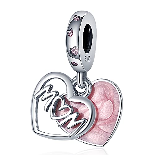925 Sterling Silver Charms for Bracelets Necklaces Dangle Pendant With 5A Cubic Zirconias Bead Charm for Women DIY Jewelry - style: Pink Heart LOVE MOM Charm