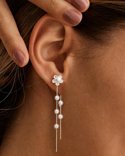 14K Gold Plated/Sterling Silver CZ Pearl Drop Dangle Earrings for Women - color: Silver-Flower Pearl