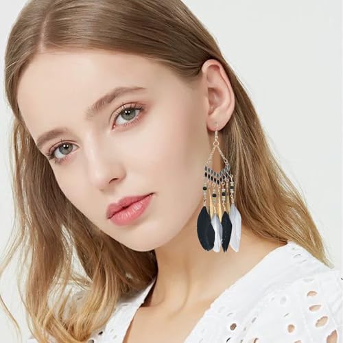 Faux Feather Fringe Tassel Long Dangle Earrings for Women | Bohemian Women Tassel Drop Jewelry - color: black grey