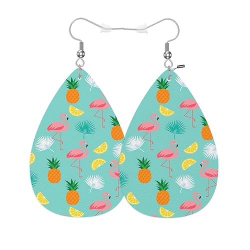 Flamingos Leather Teardrop Earrings For Women Cartoon Pineapple Bird Pink Flamingos Western Earrings For Friends Gift Drop Dangle Earrings - color: Flamingos