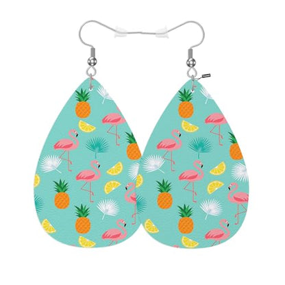 Flamingos Leather Teardrop Earrings For Women Cartoon Pineapple Bird Pink Flamingos Western Earrings For Friends Gift Drop Dangle Earrings - color: Flamingos