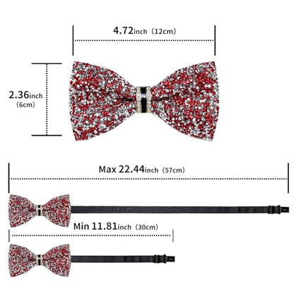 DiBanGu Mens Rhinestone Bow Tie with Ring and Lapel Pin Set | Adjustable Strap,Pre-tied Style,3PCS,Sequin Diamond Bowties，Solid/Mix Color,Shiny Accessory,for Party Prom Banquet Wedding - color: Red and Silver
