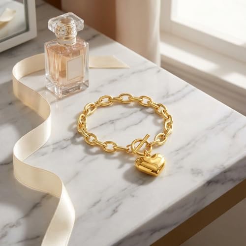 18K Gold Plated Chunky Link Chain Heart Pendant Jewelry for Women, Fashion Statement Accessory, Birthday Gift for Her - color: Gold-Bracelet