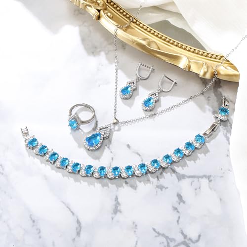 Wedding Jewelry Set for Women Bride Bridesmaid | Gorgeous Cubic Zirconia Teardrop Necklace Earrings Bracelet Adjustable Ring Jewelry Gift for Birthday/Anniversary - color: 15-Blue Topaz Silver-Tone