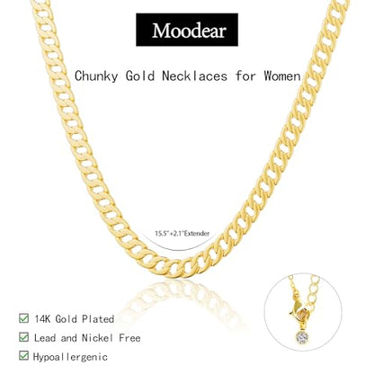 Moodear Gold Necklace for Women 14K Gold Plated Chain Necklace | Gold Chunky Necklace, Dainty Cuban Link Paperclip Chain Layered Necklace, Trendy Fashion Gift for Women Daily Wear - style: Cuban Link Chain