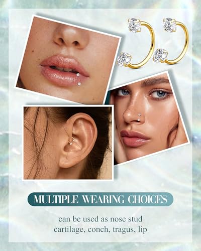 18G Horseshoe Nose Rings for Women Internally Threaded Flat Back Earrings | Labret Stud Hypoallergenic Surgical Steel Double Gem Nose Rings with CZ Helix Tragus Septum Lip Nostril Piercing Jewelry Set - color: 14K Gold Plated