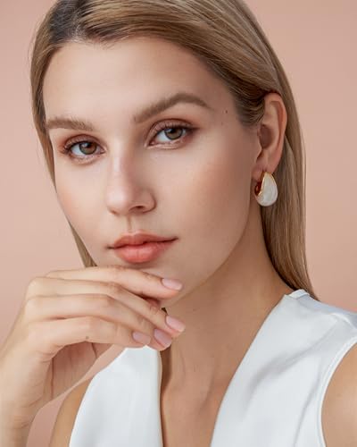 SNGIA Oval C Shape Chunky Dangle 18K Gold Plated Hoops with Colored Resin Gemstone Statement Earrings for Women by SNGIA, (Green, Brown, Blue, Pink, White, Cream), Long Bold Drop Handmade Exaggerated Irregular Trendy Bohemian Jewelry Gifts, Unique Danglin
