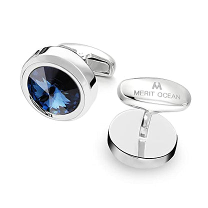 Mens Cufflinks Elegant Style Cuff Link Super Shiny Navy Blue Crystal Circular Cufflinks with Gift Box - color: Blue