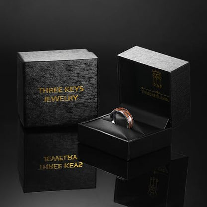 THREE KEYS JEWELRY Tungsten Wedding Band Koa wood Inlay Black Domed | 4mm, 6mm, 8mm, Everyday Wear, Black, Domed, Koa wood inlay - color: Wood Line 8mm
