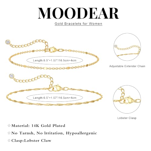 Moodear Gold Bracelets for Women, 2PCS Dainty 14K Gold Plated Link Chain | Waterproof Non Tarnish Jewelry, Adjustable Gold Plated Link & Bead Chain, Perfect for Daily Wear, Vacation Outfits & Gifts - color: gold-2
