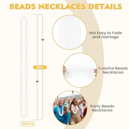 SHAOQINLIN 30 PCS White Bead Necklaces, 33" White Mardi Gras Christmas Beads Necklace, 4th of July Necklaces, Parade Throws Accessories for Christmas Independence Day New Year Party Favors - color: White