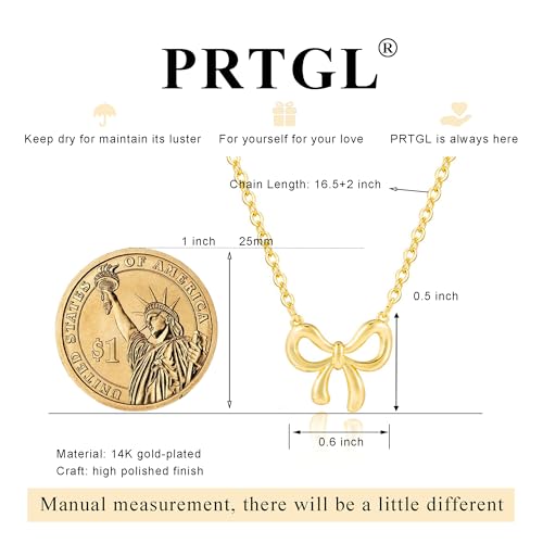 Dainty Gold Necklace: 14k Gold Plated Dianty Boots Bow Sun Moon Horse Evil Eye Conch Seahorse Necklace for Women 16.5"+2" - color: Bow 291