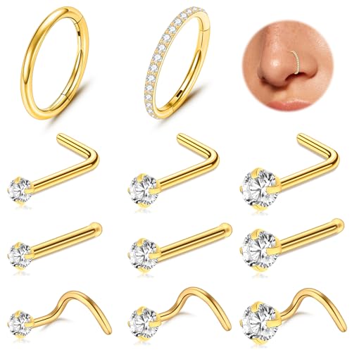 23-40 Pcs Gold Nose Rings & Studs - 18G & 20G Nose Piercing Jewelry - L Shape, Hoop & Screw Body Jewelry for Women & Men - color: Gold-18/20G-9Pcs