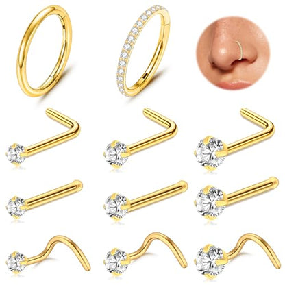 23-40 Pcs Gold Nose Rings & Studs - 18G & 20G Nose Piercing Jewelry - L Shape, Hoop & Screw Body Jewelry for Women & Men - color: Gold-18/20G-9Pcs