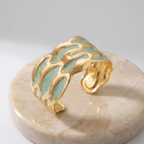 18K Gold Plated White Enamel Cuff Bracelet for Women - color: blue flower
